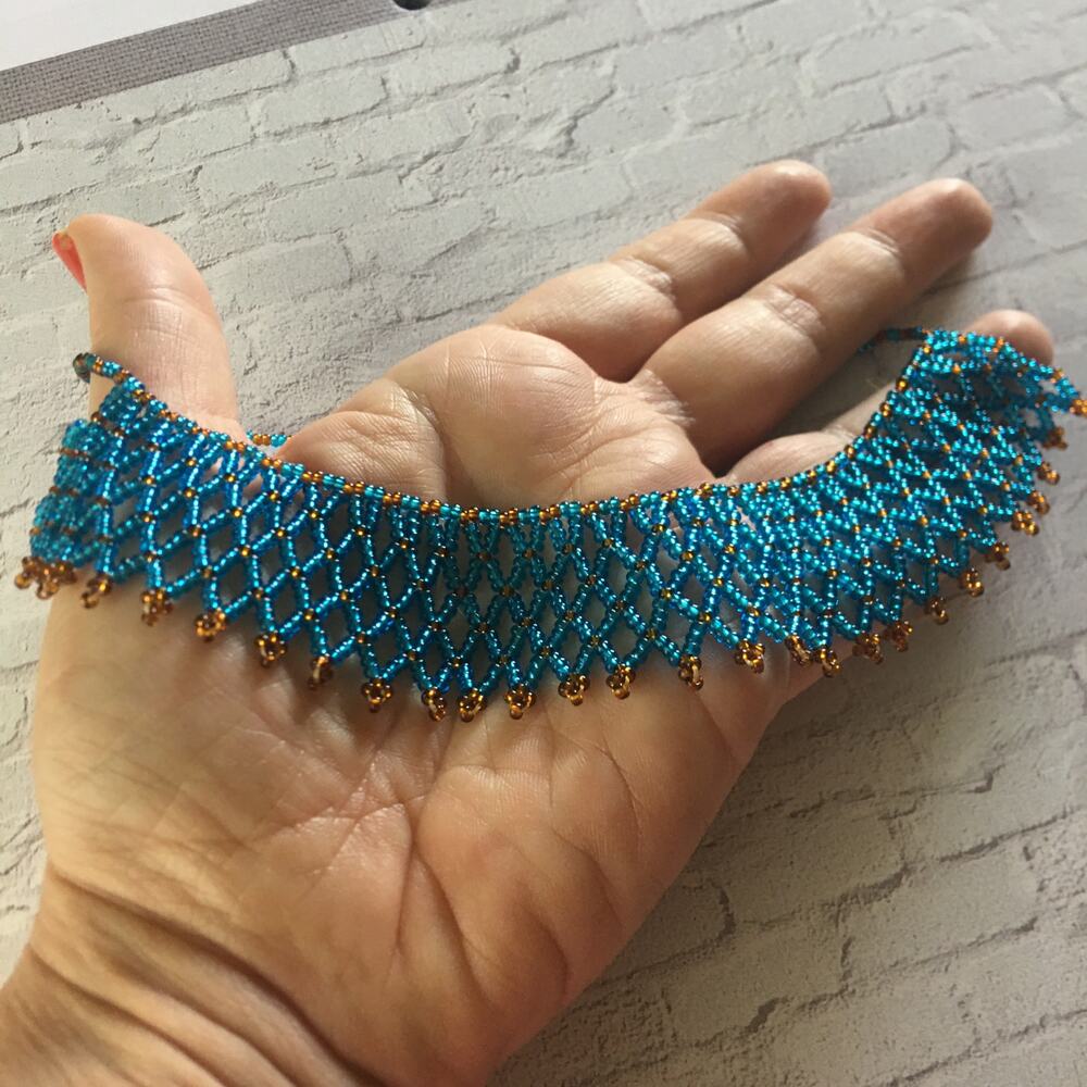Vintage Blue Seed Bead Cleopatra Choker Necklace - Picture 4 of 4